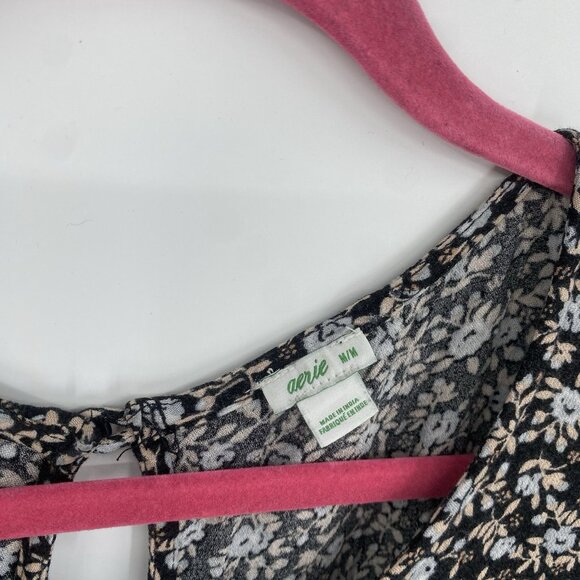 Aerie Size M Black Floral Print Short Sleeve Tiered Midi Dress Boho Peasant - Picture 9 of 13
